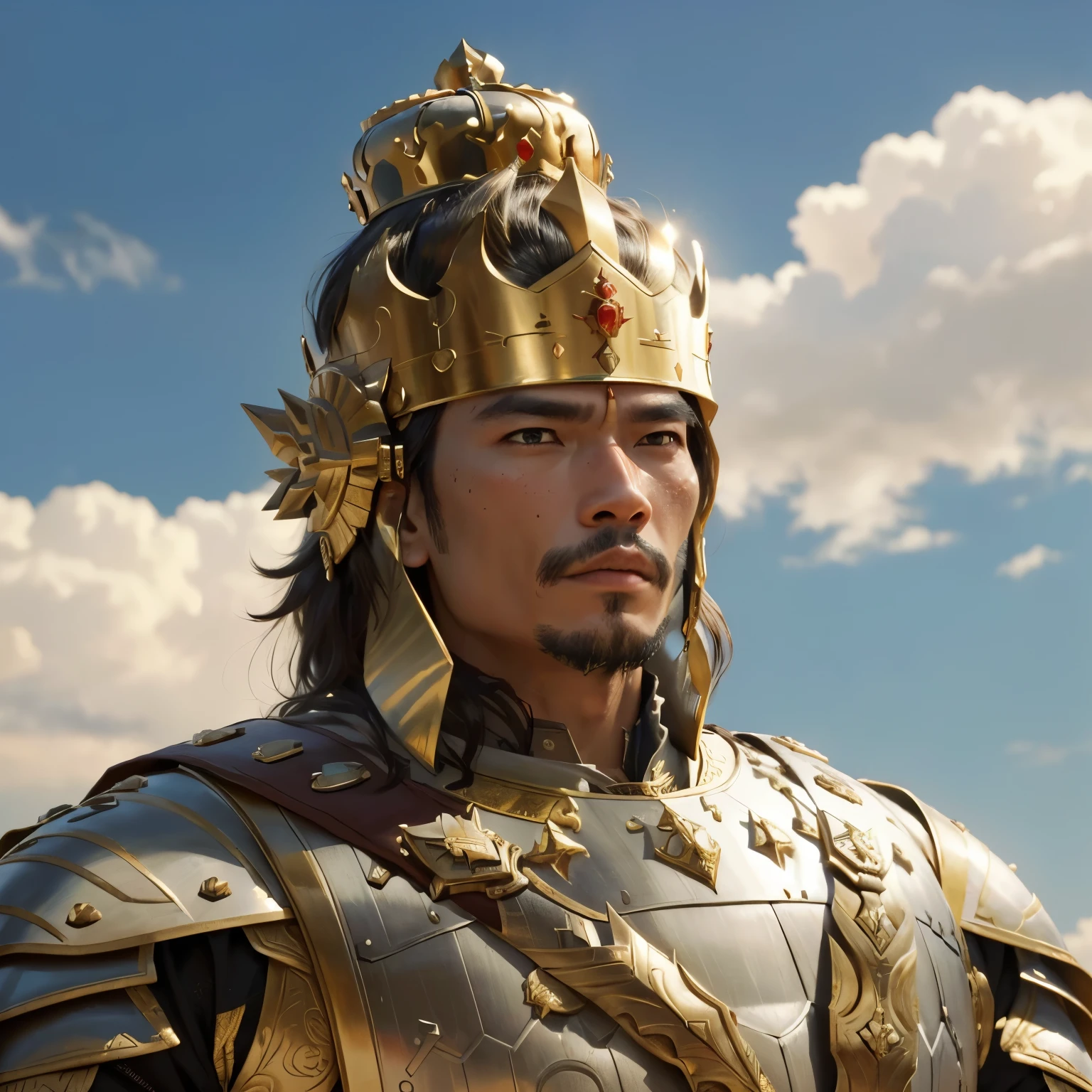 close-up view of a man in a crown and armor, the king who was also the warlord of the Kingdom of Indonesia.