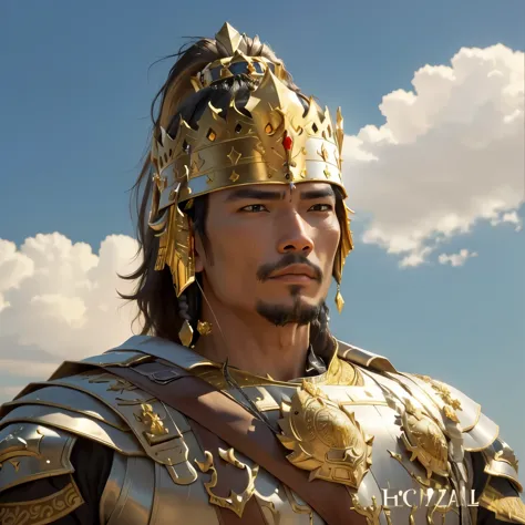 close-up view of a man in a crown and armor, the king who was also the warlord of the Kingdom of Indonesia.