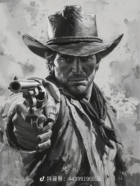 a painting of a man in a cowboy hat holding a gun, red undead redemption art style,, jesse mccree, western painting, cowboy port...