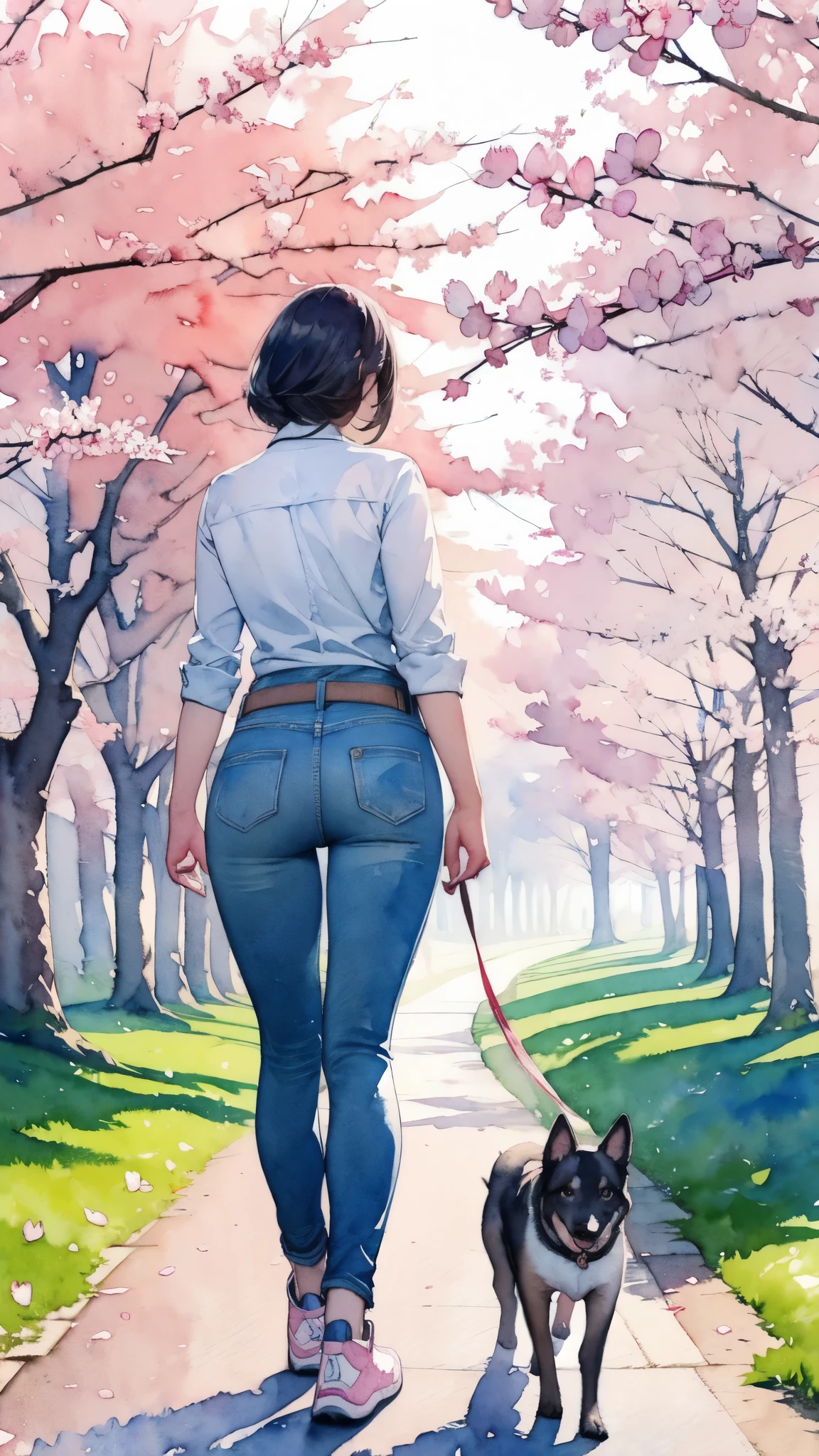 (傑作),(最高品質:1.2),(非常に詳細:1.2),(高解像度),(((水彩))),8k,桜並木に沿って歩く女性,ジーンズ,スニーカー,小型犬と散歩.美しい桜があちこちで咲いています,透明水彩,(後ろ姿)