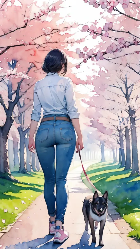 (masterpiece),(Highest quality:1.2),(Very detailed:1.2),(High resolution),(((watercolor))),8K,A woman walking along a row of che...