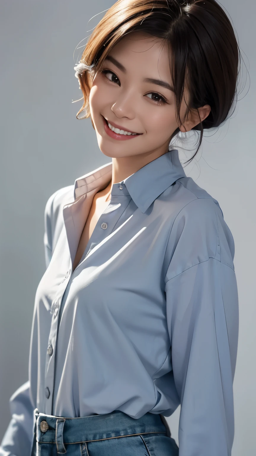 A woman wearing a loose, neat shirt is looking straight into the camera, Small breasts, The shirt is buttoned up to the top, Looking at the one you love and smiling, The background is a plain gray gradient, Close-up