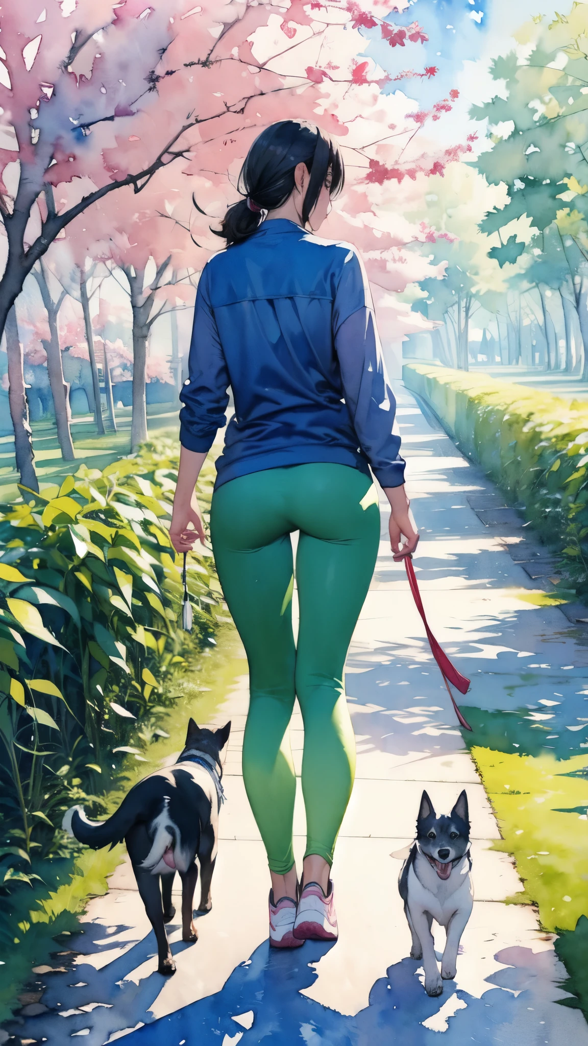 (masterpiece),(Highest quality:1.2),(Very detailed:1.2),(High resolution),(((watercolor))),8K,A woman walking along a row of fresh green trees,leggings,sneakers,Walking with a small dog,Transparent watercolor,(Back view of a dog and a person)