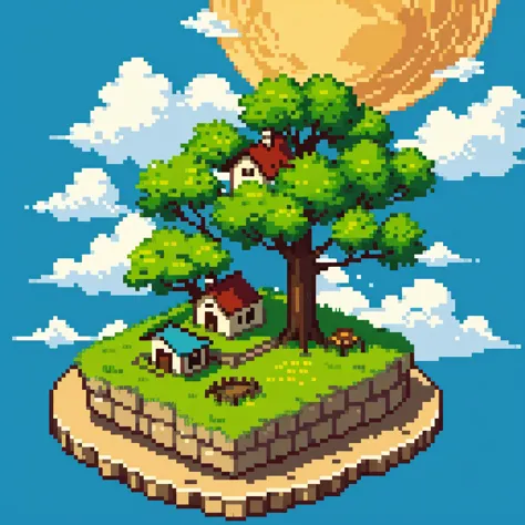 Rural house over a floating island, tree, sun and clouds on background, portrait scenemy, floating islands