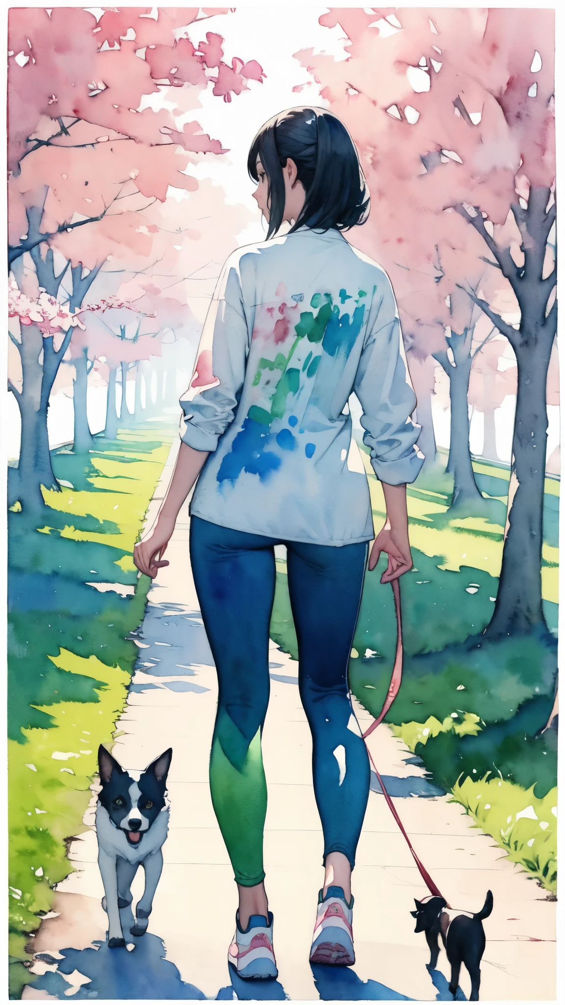 (masterpiece),(Highest quality:1.2),(Very detailed:1.2),(High resolution),(((watercolor))),8K,A woman walking along a row of fresh green trees,leggings,sneakers,Walking with a small dog,Transparent watercolor,(Back view)