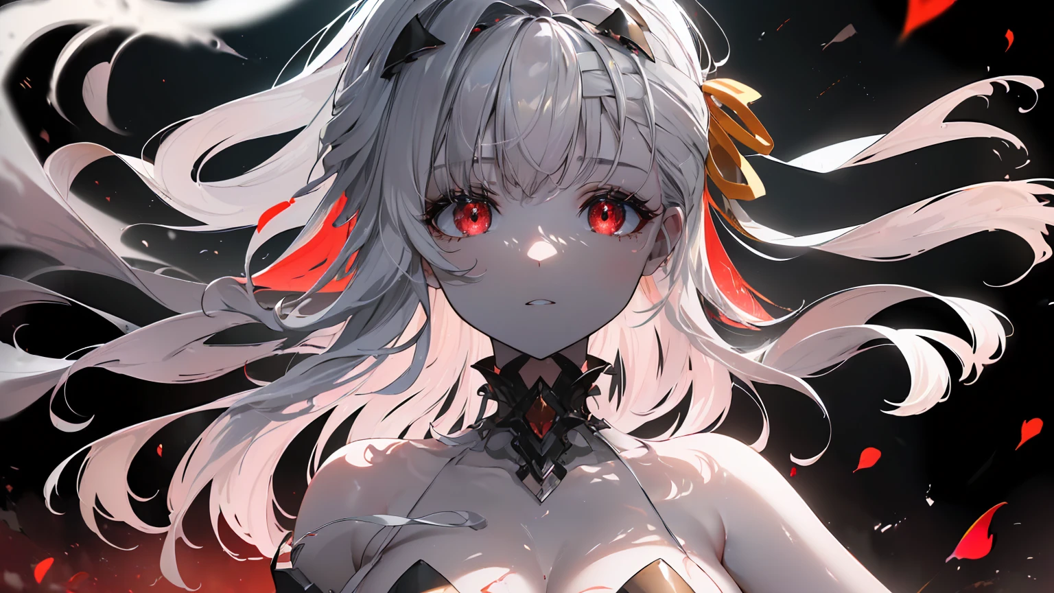 ((((Obra maestra, La mejor calidad, ultrahigh resolution)))), 1girl, standing,), ((long pure silver hair, hair over eye)), long hair cut, shiny skin, ((red eyes)), glowing_eyes, neon eyes, (ultra detailed eyes:0.7, beautiful and detailed face, detailed eyes:0.9), ((centered)), smirk, facing viewer, ((vibrant background, dark lighting, summer, sunlight)), large chested, looking at viewer, ((half closed eyes)), ((perfect hands)), (((head:1, arms, hips in view, elbows, in view))), ((hands behind back)), empty eyes, beautiful lighting, ((outside, outdoors)), defined subject, head tilt, (((gritty)), ((creepy)), ((cool)), ((beautiful)), (((SFW))), hair ornament, petals in the air, moon in the sky, city, mature woman, adult woman, sfw, red and white dress, night dress, she is a princess,