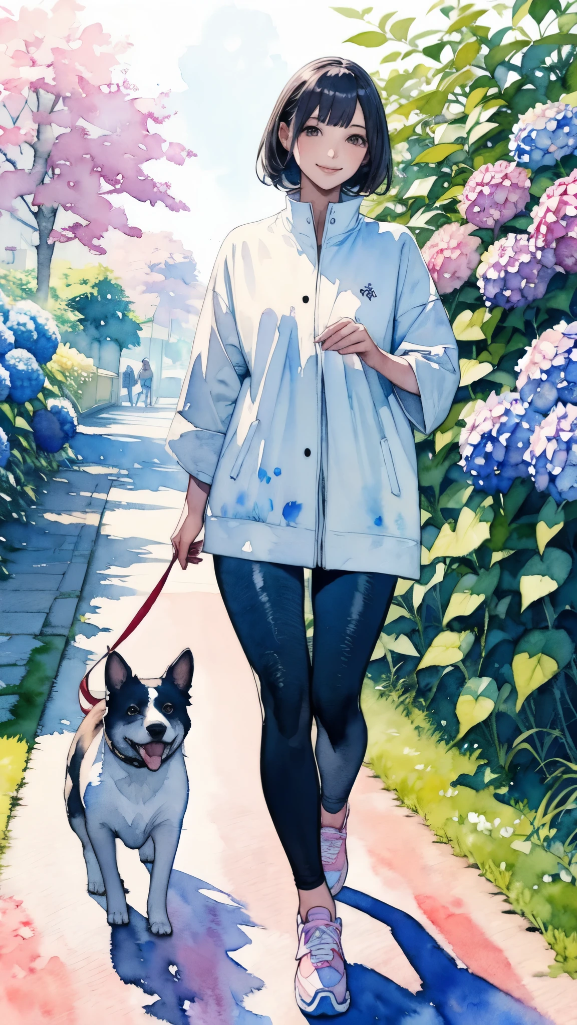 (chef-d&#39;œuvre),(la plus haute qualité:1.2),(Très détaillé:1.2),(Haute résolution),(((aquarelle))),8k,Une femme regardant des hortensias qui fleurissent dans la rue,leggings,baskets,Marcher avec un petit chien,透明aquarelle,(sourire)