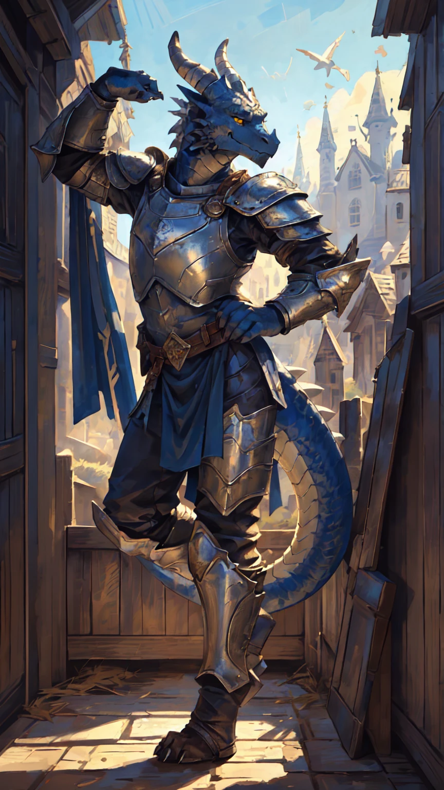 ((middle Ages:1.6，Castle Background:1.4))，((Cruz:1.6))，Sunlight，high resolution，4K，gay，(((whole body:1.1，Pose 1:3)))，masterpiece，high quality，Calm and composed，((dragon))，male，dragonFurry，(teenager:1.3)，hairy，((stable，Handsome face:1.4))，((peaceful))，((Holding a long sword:1.2))，(((Strong:1.4，Long legs:1.3，Thick dragon tail:1.2)))，(((Gray heads:1.2，Golden pupils:1.2，White Neck:1.3，Gray back of hands:1.4，White Skin:1.3)))，(((White Armor:1.3，There is a blue flag on the armor:1.4)))，Mature face，Exquisite eyes，Detailed body，Detailed hands，Detailed feet，Kenket&#39;s Art