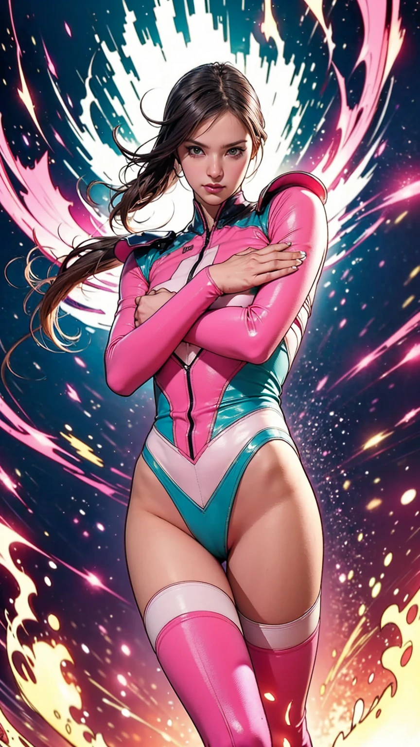 Solo, A brave and courageous image of a 6 member ranger team, Each one is decorated in vibrant colors such as:: ((Pink)), red is front of center, violet, Green, yellow, blue black, white,. Dynamic poses in a background that exudes energy and courage, neon, fire, plasma, Fluorescent, shocking, pink big bomber, splashing pink, running, fighting pose, action pose, Embodying the essence of the classic Sentai superhero team. Each Ranger:: The attire is sophisticated and modern, Each color has elements that reflect its theme., Ready for action. ((Camel Toe)), weapons, in sunset background , in cinematic lighting, cover art mixed cinema poster style,