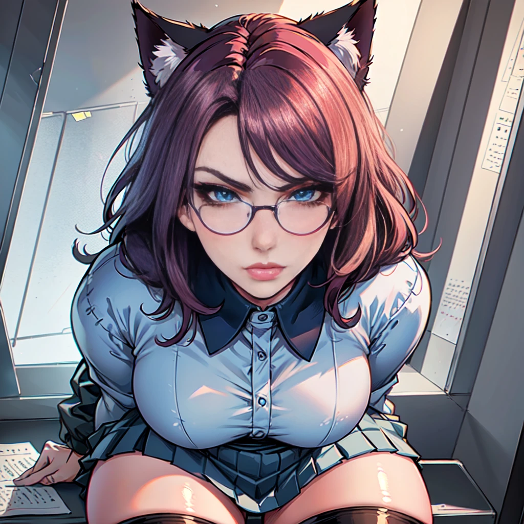 Masterpiece, Beautiful art, professional artist, 8k, art style by sciamano240, Very detailed face, detailed hair, Detailed clothing, detailed fabric, 1 girl, perfectly drawn body, beautiful face, wide, light blue fur , highly detailed blue cat eyes, wearing teacher clothes, thigh high boots, tube skirt, glasses, looking angrily over glasses, sensual lips , pink cheeks, school environment, detailed background, board , show details in the eyes, close up view, looking at the viewer, angry expression,