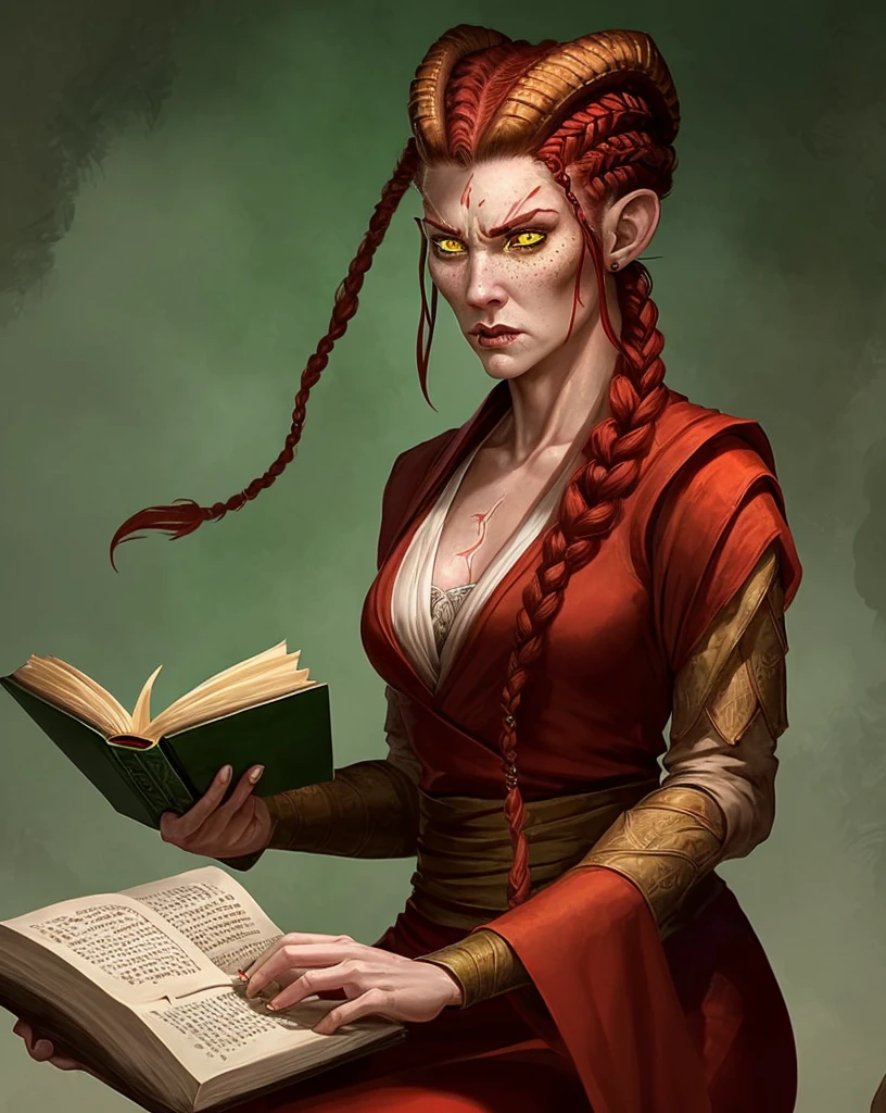 A female red tiefling with white short hair with two braids, Mature looking woman, Angry looking, emerald green make up, yellow eyes, white subtle freckles and a scar on her nose reading a book