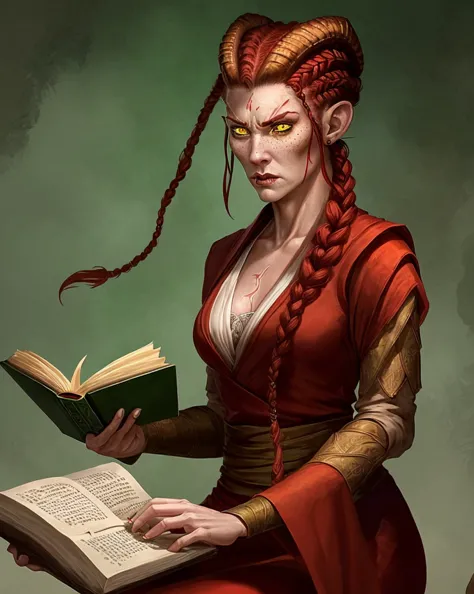 A female red tiefling with white short hair with two braids, Mature looking woman, Angry looking, emerald green make up, yellow ...