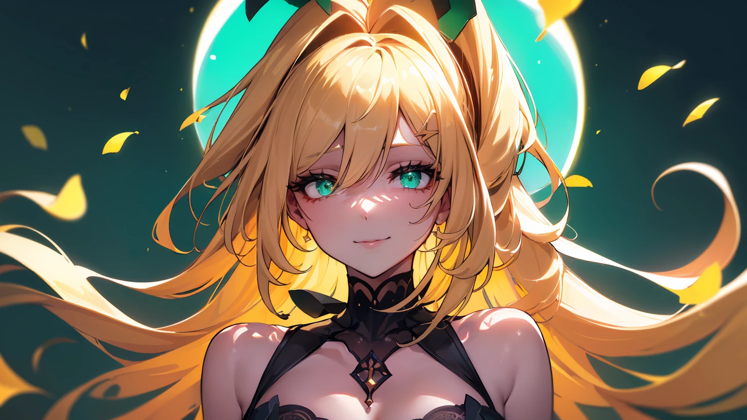 ((((Obra maestra, La mejor calidad, ultrahigh resolution)))), 1girl, standing,), ((long pure blonde hair, hair over eye)), long hair cut, shiny skin, ((green eyes)), glowing_eyes, neon eyes, (ultra detailed eyes:0.7, beautiful and detailed face, detailed eyes:0.9), ((centered)), smirk, facing viewer, ((vibrant background, dark lighting, summer, sunlight)), large chested, looking at viewer, ((half closed eyes)), ((perfect hands)), (((head:1, arms, hips in view, elbows, in view))), ((hands behind back)), empty eyes, beautiful lighting, ((outside, outdoors)), defined subject, head tilt, (((gritty)), ((creepy)), ((cool)), ((beautiful)), (((SFW))), hair ornament, petals in the air, moon in the sky, city, mature woman, adult woman, sfw, dark gold night dress, night dress, she is a princess, smiling