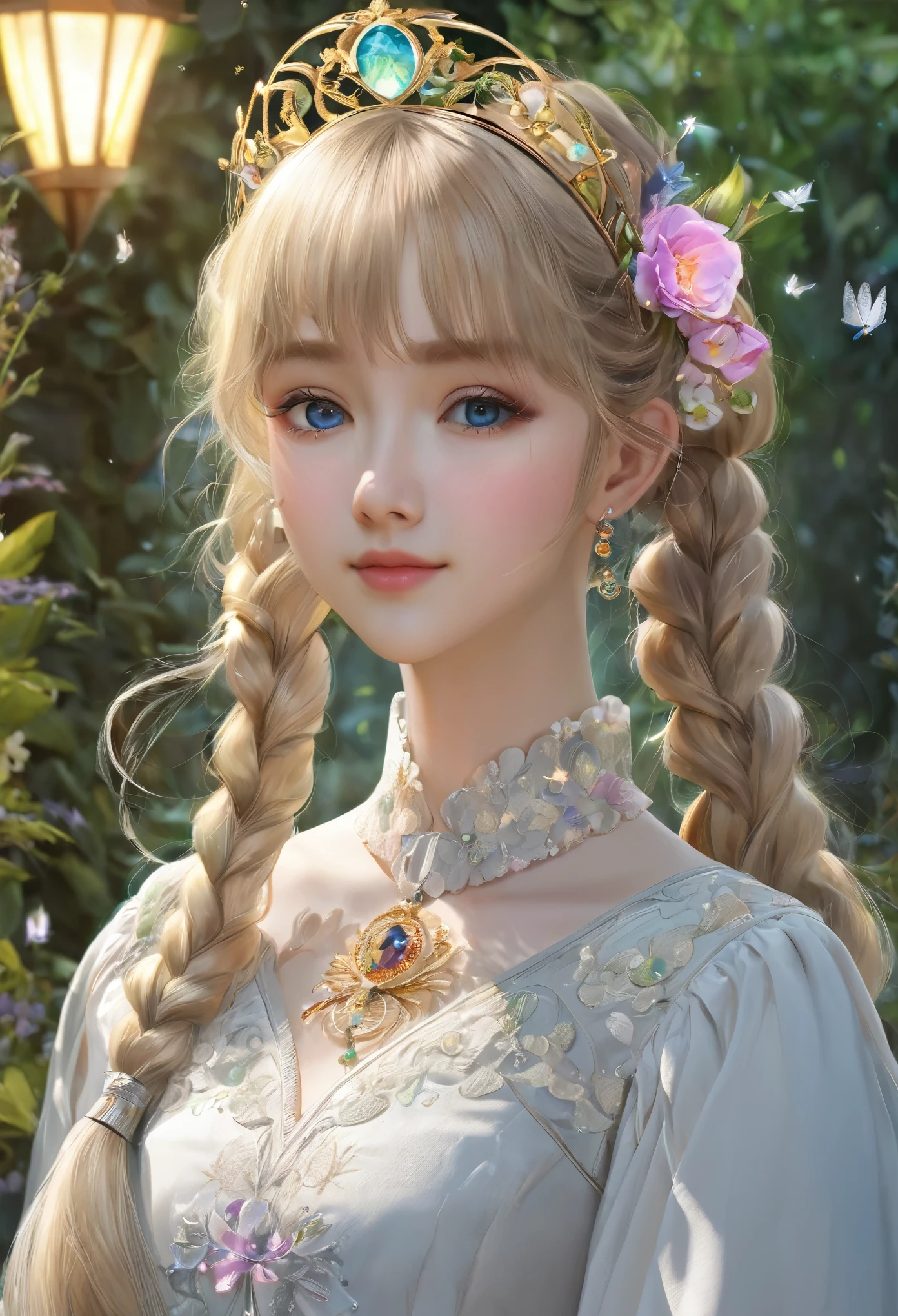 8K resolution, masterpiece, Highest quality, Award-winning works, unrealistic, sole sexly lady, doaxvv_Amy, healthy shaped body, 18 years old, 158cm tall, three size is B89/W55/H88, blonde long hair, twin pony tails, Break, Mysterious big blue eyes, Standard nose, Eyeliner, pink lips,  hair band, big firm bouncing bust, sexly, Clear skin, A pure white school dress with a complex structure, royal coat of arms, elegant, Very detailed, Digital Painting, artステーション, コンセプトart, Smooth, Sharp focus, shape, artジャム、Greg Rutkowski、Alphonse Mucha、William Adolphe Bouguereau、art：Stephanie Law , Royal Jewel, nature, Full Shot, Symmetric, Greg Rutkowski, Charlie Bowwater, beep, Unreal 5, Surreal, Dynamic Lighting, ファンタジーart, Complex colors, Colorful magic circle, flash, dynamic sexly poses, A kind smile, Mysterious Background, Aura, A gentle gaze, BREAK, Small faint lights and flying fireflies, night, lanthanum,