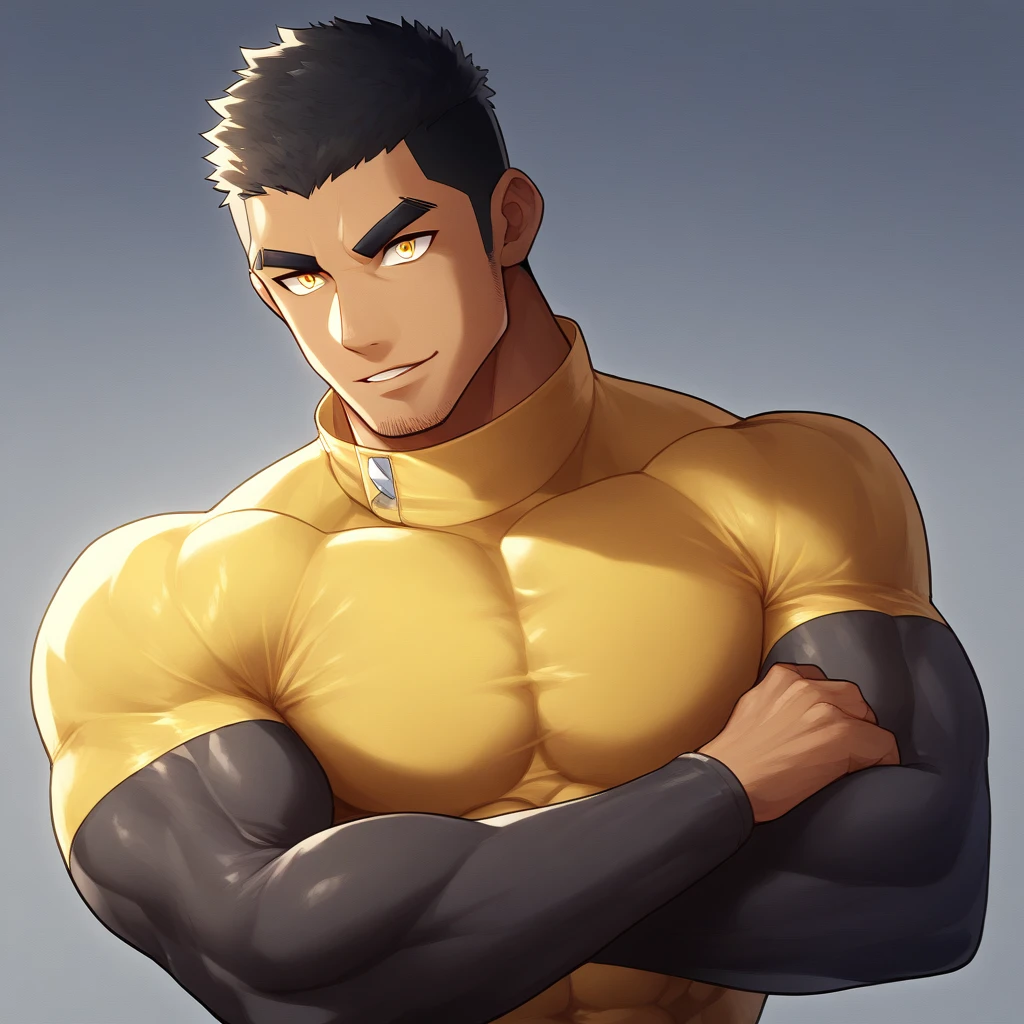 personnages d&#39;anime：Gyee, Étudiant en sports musculaires, peau noire de nègre, 1 dark skin Musclé tough guy, Virilité, foyer masculin, T-shirt moulant à manches longues et col haut jaune clair, Légèrement transparent material, Très serré, rond, muscles de la poitrine pleins et joyeux, Légèrement transparent, Musclé male, Musclé, seulement, Haut du corps, seul, Cheveux courts noirs, sourcils épais, chaume, les yeux jaunes, fond gris, fond simple, qualité incroyable, Meilleure esthétique, Ridicule, pupilles brillantes, coupe ras du cou, lèvres entrouvertes, sourire séduisant, torogao, visage coquin, ombre portée, Meilleure qualité