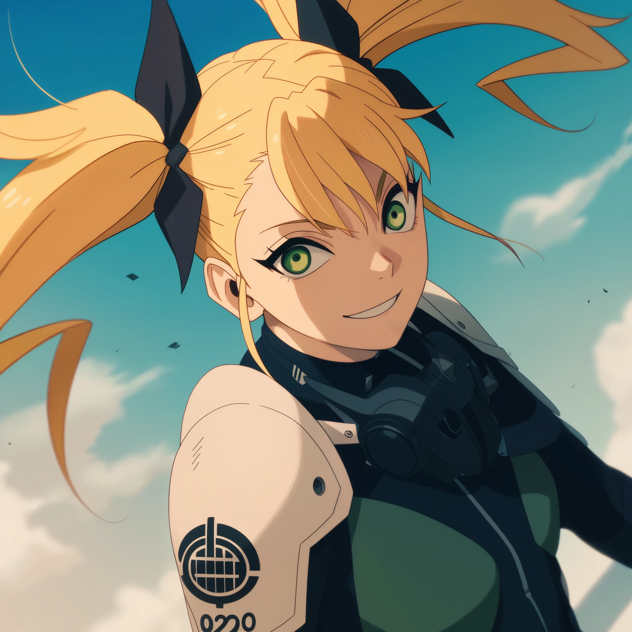 score_9, score_8_up, score_7_up, score_6_up, score_5_up, score_4_up, source_anime, screenshots, kikoru, 1girl, blonde hair, twintails, green eyes, hair ribbon, black ribbon, bangs, bodysuit, armor, upper body, smile