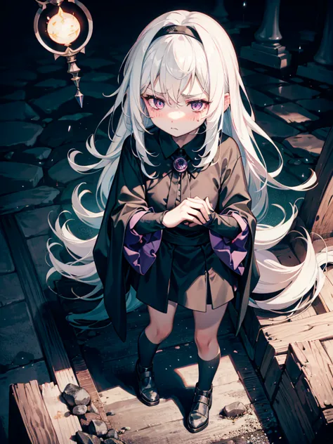 Witch girl, dark cloth,long white hair, jealous emotional, blush,holding a Magic wand, tsundere, purple eyes, medieval's house b...