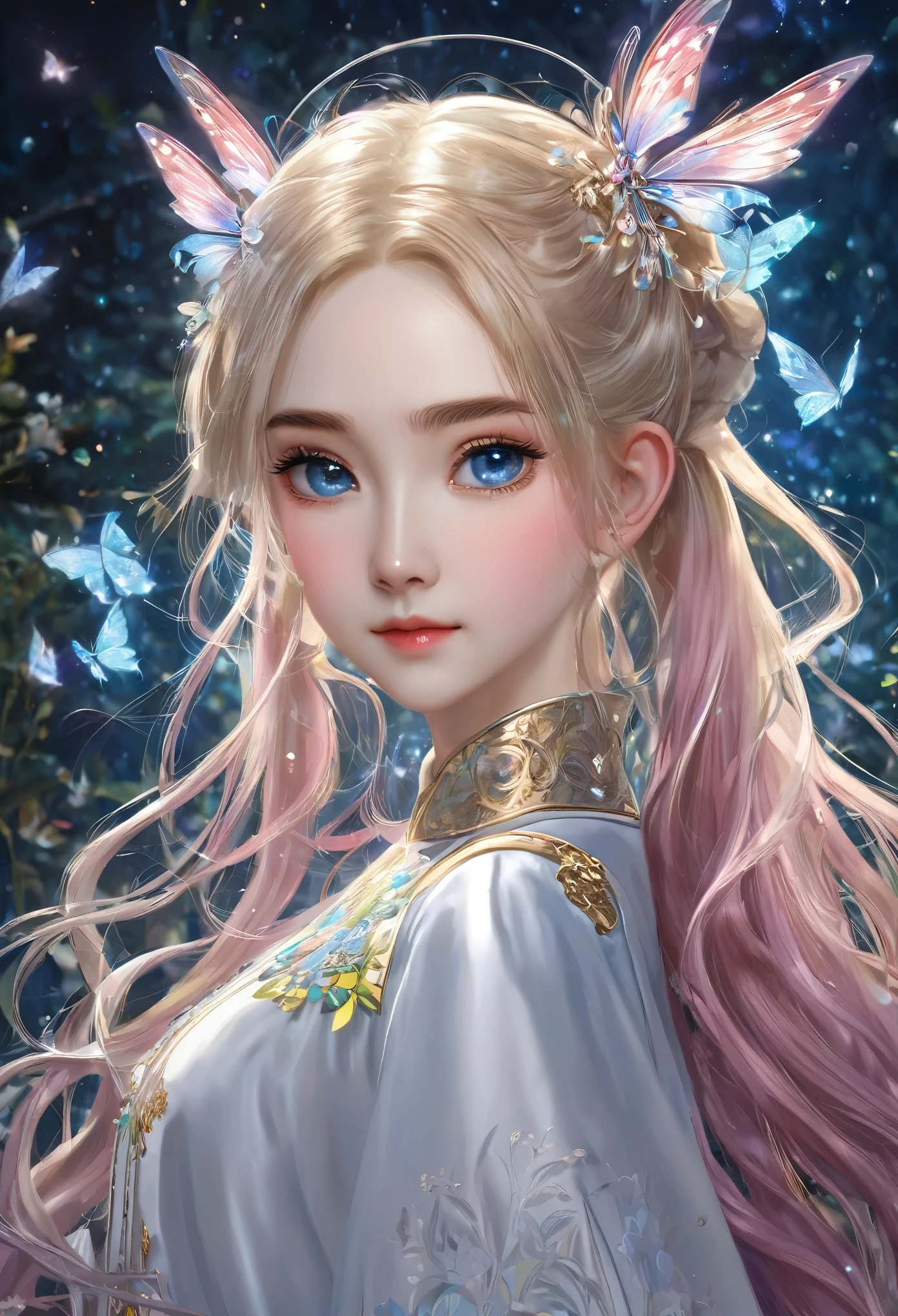 8K resolution, masterpiece, Highest quality, Award-winning works, unrealistic, sole sexly lady, doaxvv_Amy, healthy shaped body, 1, 158cm tall, three size is B/W55/H88, blonde long hair, twin pony tails, Break, Mysterious big blue eyes, Standard nose, Eyeliner, pink lips,  hair band, big firm bouncing bust, sexly, Clear skin, A pure white school dress with a complex structure, royal coat of arms, elegant, Very detailed, Digital Painting, artステーションコンセプトart, Smooth, Sharp focus, shape, artジャム、Greg Rutkowski、Alphonse Mucha、William Adolphe Bouguereau、art：Stephanie Law , Royal Jewel, nature, Full Shot, Symmetric, Greg Rutkowski, Charlie Bowwater, beep, Unreal 5, Surreal, Dynamic Lighting, ファンタジーart, Complex colors, Colorful magic circle, flash, dynamic sexly poses, A kind smile, Mysterious Background, Aura, A gentle gaze, BREAK, Small faint lights and flying fireflies, night, lanthanum,