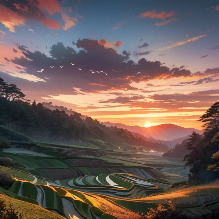 (best quality,8k,highres, masterpiece:1.2), (anime style),ultra-detailed, HDR, UHD, ultra-fine painting, sharp focus, physically-based rendering, extreme detail description, professional, vivid colors, concept artists, warm color palette, dramatic lighting,Sunrise, countryside with terraced fields in Japan, birds perched on the trees in the distant forest, (no humans),