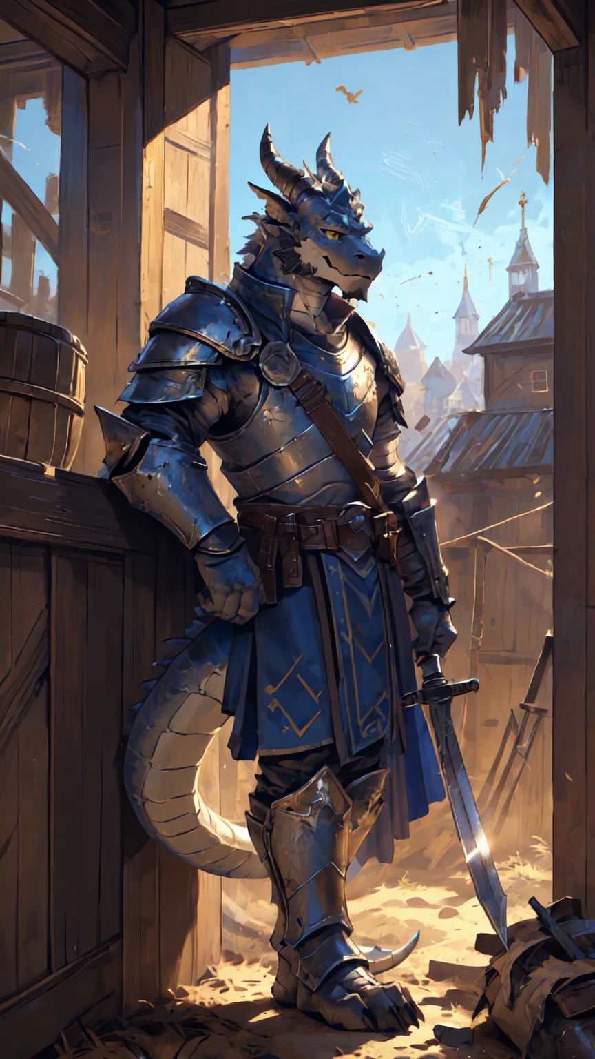 ((middle Ages:1.6，Battlefield Background:1.4))，((Cruz:1.6))，Sunlight，high resolution，4K，gay，(((whole body:1.1，Strike a pose)))，masterpiece，high quality，Calm and composed，((dragon))，male，dragonFurry，(teenager:1.3)，hairy，((stable，Handsome face:1.4))，((peaceful))，((Holding a long sword:1.2))，(((Strong:1.4，Long legs:1.3，Thick dragon tail:1.2)))，(((Gray heads:1.2，Golden pupils:1.2，White Neck:1.3，Gray back of hands:1.4，White Skin:1.3)))，(((White Armor:1.3，There is a blue flag on the armor:1.4)))，Mature face，Exquisite eyes，Detailed body，Detailed hands，Detailed feet，Kenket&#39;s Art