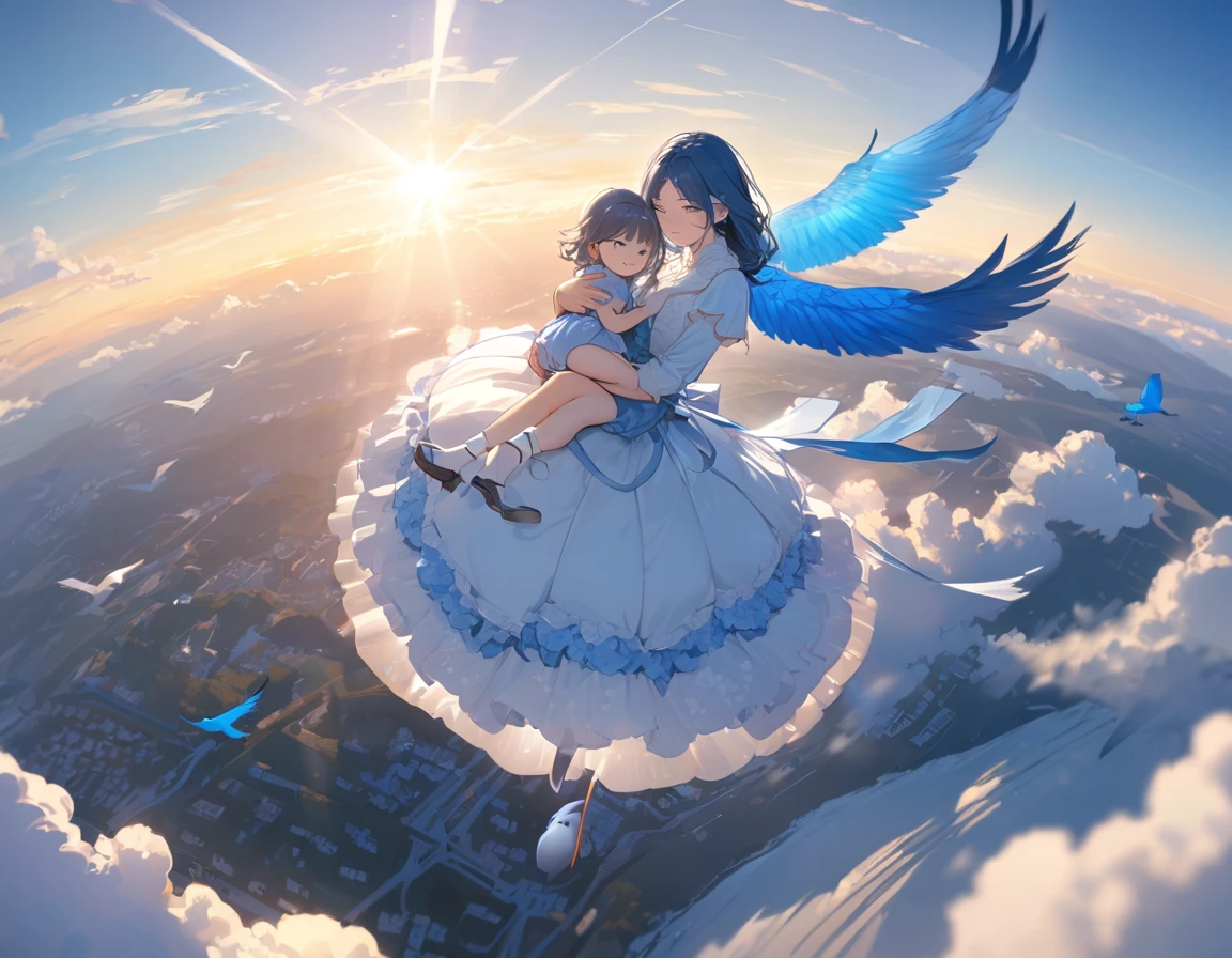 (8K, best quality, master piece: 1.2), super high resolution,1girl,16yo,ultra-detailed face,beautiful detailed eyes,Very long hair,blue hair,the girl is walking in the air straddling and riding on a large blue bird,enjoy,smile,Wearing floral pattern blue ruffle dress,The blue bird is big and graceful and carrying a dwarf girl on its back,above the sky,crepuscular rays,Blue sky,aerial shot