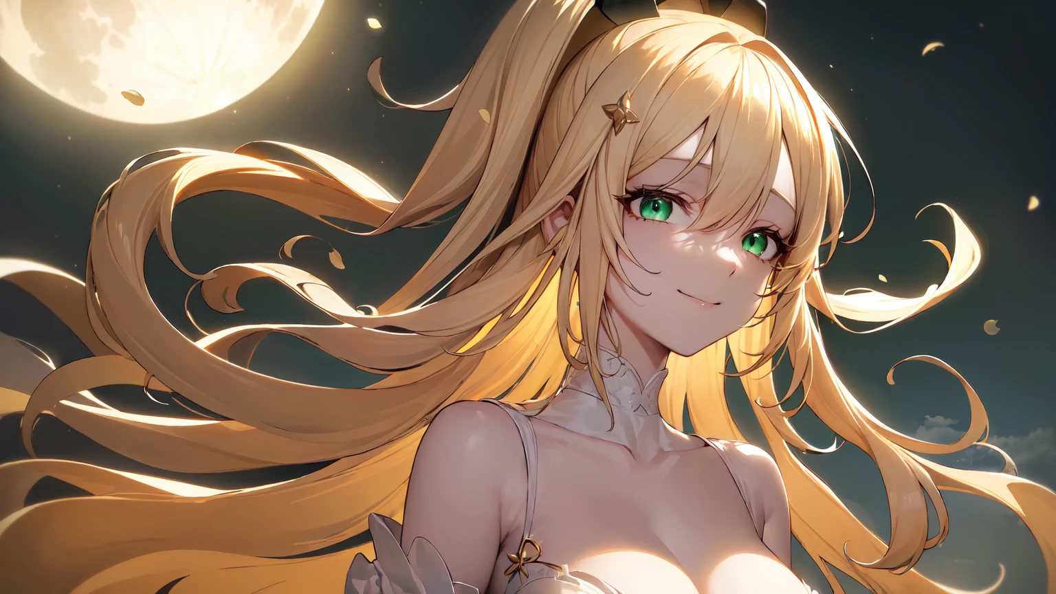 ((((Obra maestra, La mejor calidad, ultrahigh resolution)))), 1girl, standing,), ((long pure blonde hair, hair over eye)), long hair cut, shiny skin, ((green eyes)), glowing_eyes, neon eyes, (ultra detailed eyes:0.7, beautiful and detailed face, detailed eyes:0.9), ((centered)), smirk, facing viewer, ((vibrant background, dark lighting, summer, sunlight)), large chested, looking at viewer, ((half closed eyes)), ((perfect hands)), (((head:1, arms, hips in view, elbows, in view))), ((hands behind back)), empty eyes, beautiful lighting, ((outside, outdoors)), defined subject, head tilt, (((gritty)), ((creepy)), ((cool)), ((beautiful)), (((SFW))), hair ornament, petals in the air, moon in the sky, city, mature woman, adult woman, sfw, dark gold night dress, night dress, she is a princess, smiling