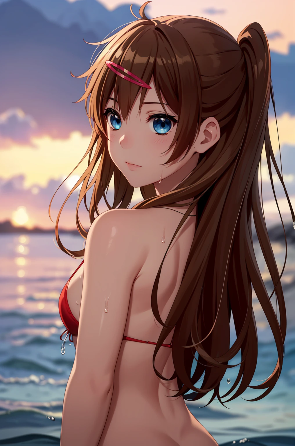 ((masterpiece, Highest quality, High resolution, uhd, Pixel perfect, Depth of written boundary, 4K, RTX, HDR)), 1 Girl, single, alone, 24-years-old, Beautiful Anime Girls, Beautiful art style, anime character, ((Parted bangs, Brown Hair)), (blue eyes、Round eyes, Delicate eyelashes、Beautiful eyelashes, Perfect Eyes), (Detailed face:1.2), (Smooth texture:0.75, Realistic texture:0.65, Realistic:1.2, Cinematic, Anime CG Style), Perfect body, Ocean:1.3、Moderately good breasts:1.7、Red Micro Bikini Swimsuit:1.8、Visible from the thighs:1.9、Wet、Water Drop、Splash、nsfw、visible from below、Seen from behind