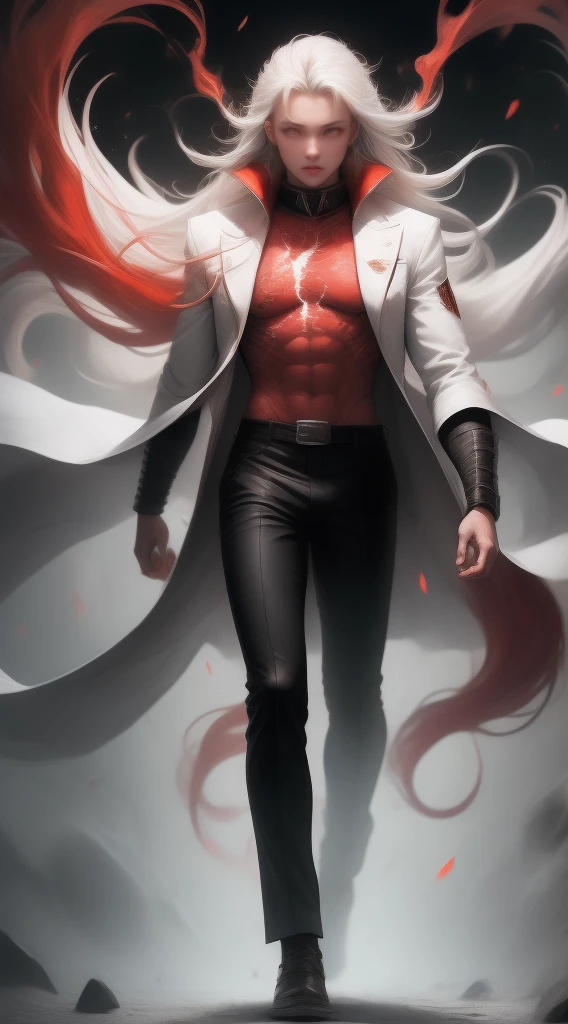 Young man, long hairs, black pants, white coat,going berserk, ((red glowing eyes)), ((white hairs)), flowing hairs, ((red thunder)), walking towards viewer