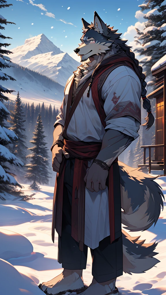 (masterpiece), (photorealistic:1.5), (1boy:1.2), (middle-aged male:1.4), (wolf male:1.6), (gray fur), (white long beard), (long white braided hair), (many scars), (scar on face), (scar on body), (casual clothes), (loose shirt), (holding child), (gentle smile), (warm expression), (kind eyes), (standing), (cold northern region), (snowy landscape), (mountains), (pine trees), (cabin), (smoke from chimney), (footprints in snow), (cloudy sky), (daytime), (bright sunlight), (cinematic lighting)