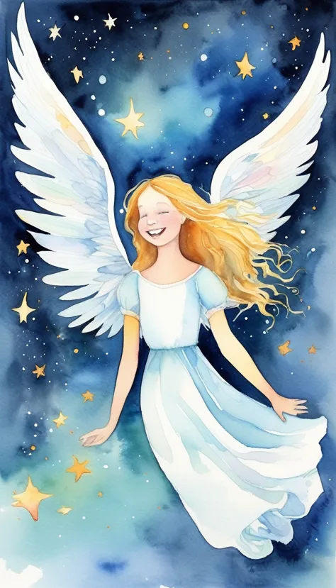 Watercolor,（Upper Body）Angel  laughing, Magical fairy tale,, Deep space sky, style 