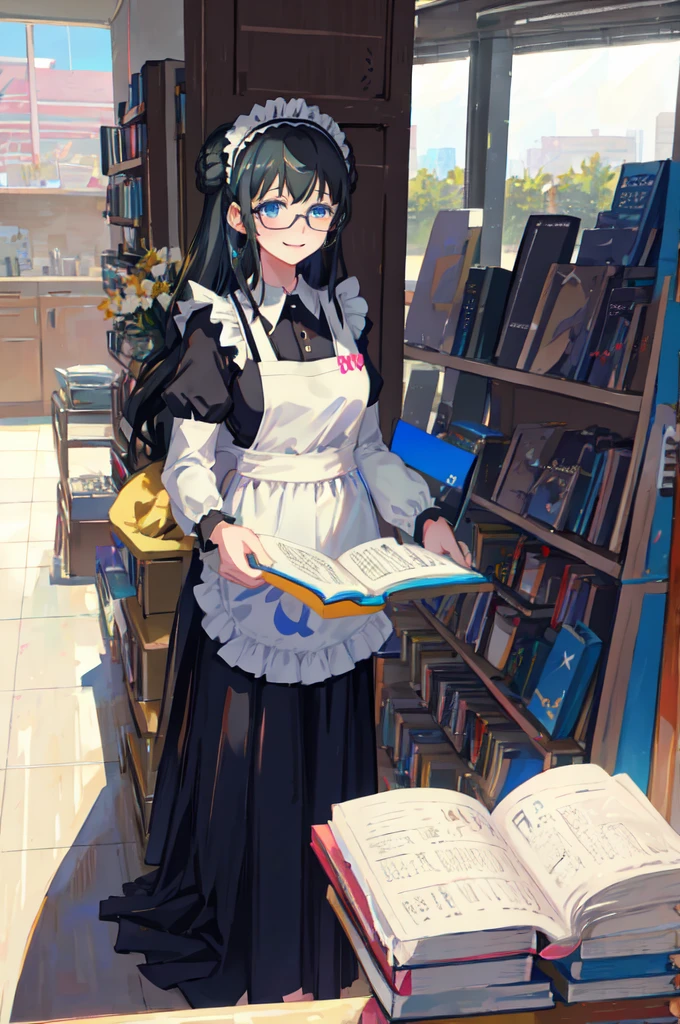 sagisawa fumika, 1 garota, copos, empregada doméstica, Sozinho, livroshelf, olhos azuis, Cabelo preto, traje alternativo, empregada doméstica headvestir, apron, enempregada domésticaed, sorriso, mangas julieta, vestir, mangas compridas, mangas bufantes, de óculos, Olhando para o visualizador, livro, empregada doméstica apron, single Coque de cabelo, seios, biblioteca, avental branco, Coque de cabelo, dentro de casa, corar, broche, babados, black vestir, official traje alternativo, large seios, cabelo longo, bloqueios laterais, óculos redondos