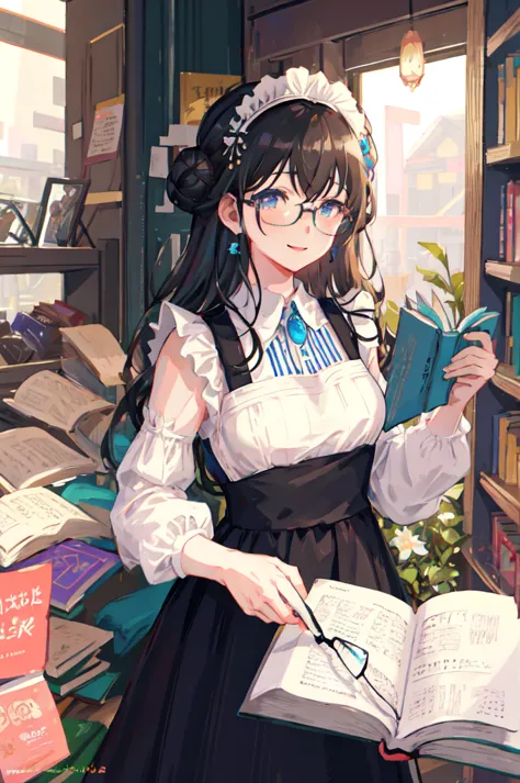 sagisawa fumika, 1girl, glasses, maid, solo, bookshelf, blue eyes, black hair, alternate costume, maid headdress, apron, enmaide...
