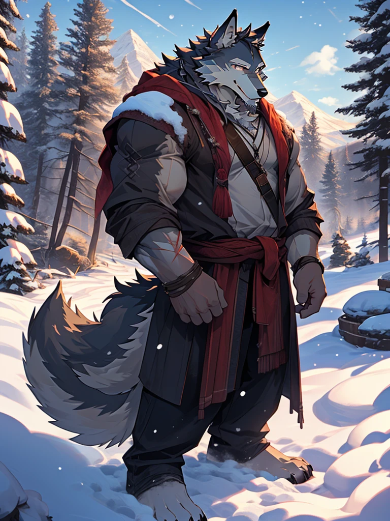 (masterpiece), (photorealistic:1.5), (1boy:1.2), (middle-aged male:1.4), (wolf male:1.6), (gray fur), (white long beard), (long white braided hair), (many scars), (scar on face), (scar on body), (casual clothes), (loose shirt), (holding child), (gentle smile), (warm expression), (kind eyes), (standing), (cold northern region), (snowy landscape), (mountains), (pine trees), (cabin), (smoke from chimney), (footprints in snow), (cloudy sky), (daytime), (bright sunlight), (cinematic lighting)