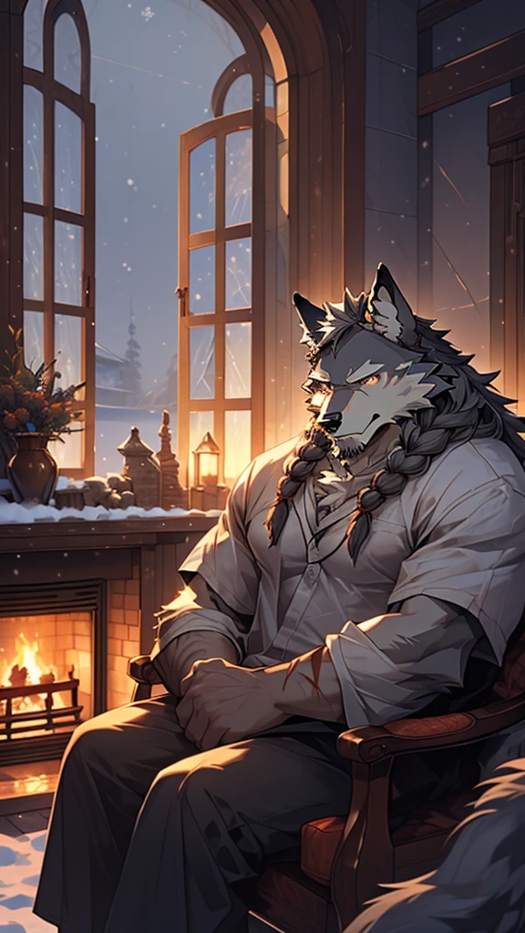 (masterpiece), (photorealistic:1.4), (1boy), (detailed face:1.2), (wolf male:1.5), (old：1.9）, (aged), (retired general),(muscular build), (gray fur:1.3), (long white beard), (long white braided hair), (loose shirt), (sitting), (resting), (calm expression), (peaceful eyes), (many scars), (scar on face), (scar on body), (indoors),  (cold northern region), (room), (fireplace), (fire), (window), (snow outside), (winter), (night), (dim lighting), (cinematic lighting)