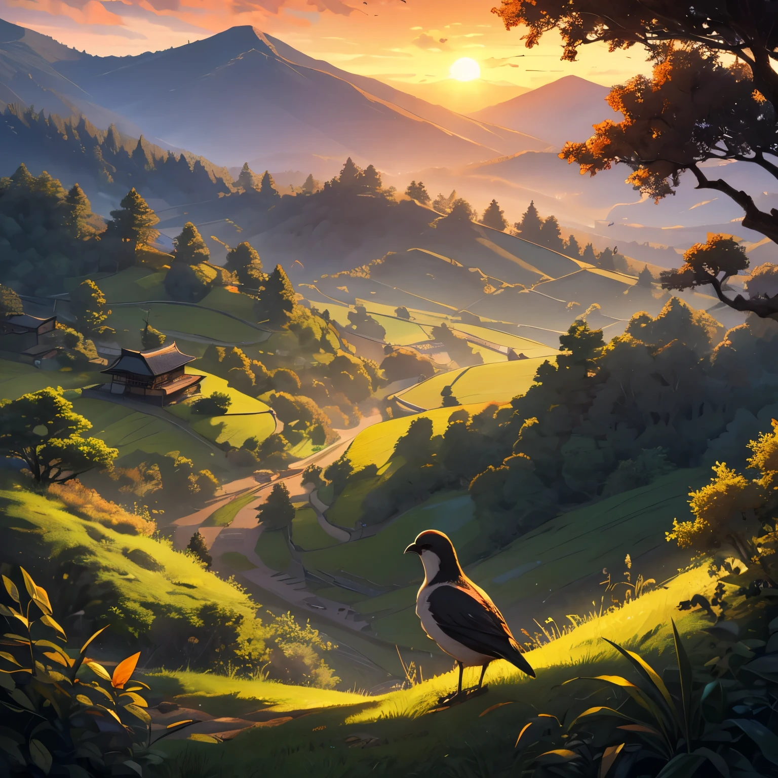 (best quality,8k,highres, masterpiece:1.2), (anime style),ultra-detailed, HDR, UHD, ultra-fine painting, sharp focus, physically-based rendering, extreme detail description, professional, vivid colors, concept artists, warm color palette, dramatic lighting,Sunrise, countryside with terraced fields in Japan, birds perched on the trees in the distant forest, (no humans),