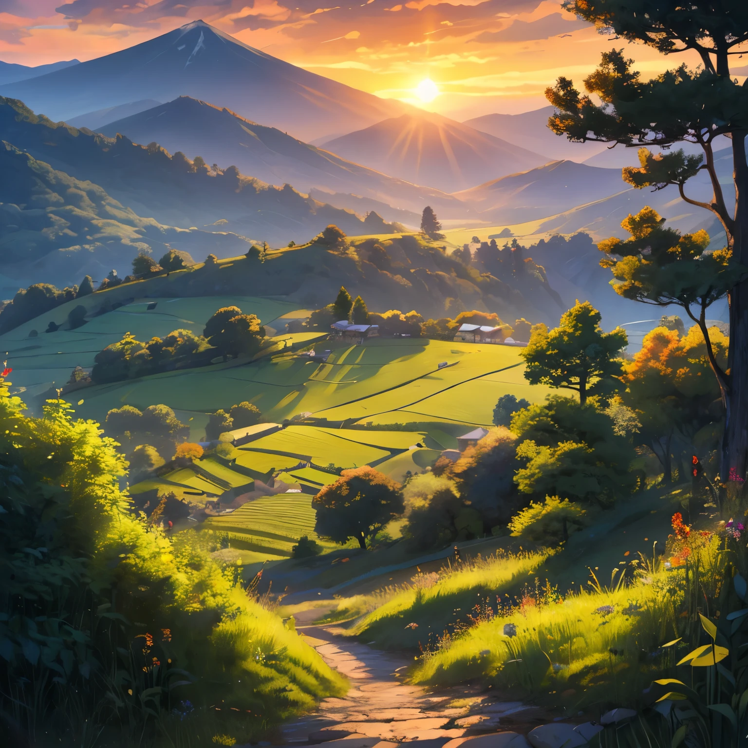 (best quality,8k,highres, masterpiece:1.2), (anime style),ultra-detailed, HDR, UHD, ultra-fine painting, sharp focus, physically-based rendering, extreme detail description, professional, vivid colors, concept artists, warm color palette, dramatic lighting,Sunrise, countryside with terraced fields in Japan, birds perched on the trees in the distant forest, (no humans),