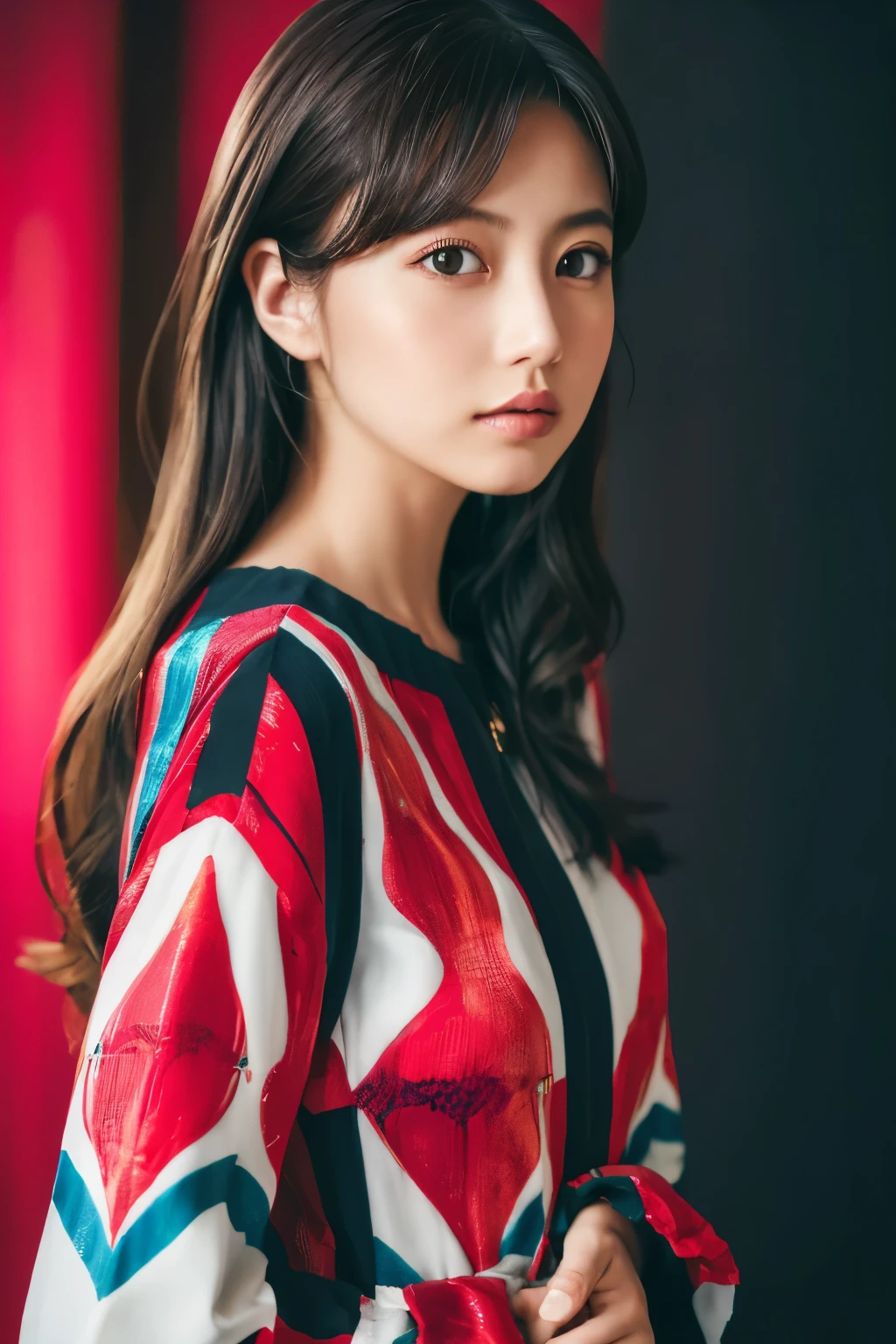 Masterpiece, high quality, high resolution, 8K, (solo:1.2), ((1girl)), Japanese woman, detailed face, detailed eyes, correct body structure, upper body, ((White hair:1.2)), very long hair, messy hair, slender body, seductive silhouette, luminous bones, depth of field, dark photo at nighttime, dimly lit, bangs, Cinematic Lighting, Tyndall effect, abstract background, futuristic outfits, vibrant colors, modern style, wide sleeves, artistic, unique patterns, colorful, stylish, trendy