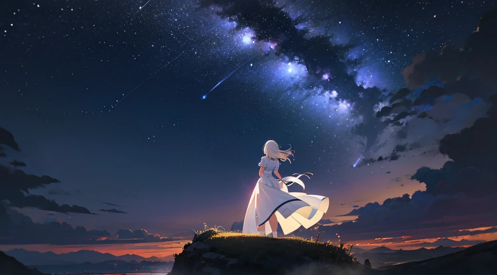 girl wearing a white dress, from behind, night sky, far away, landscape, wideangle, masterpiece, wallpaper