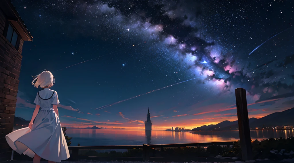 girl wearing a white dress, from behind, night sky, far away, landscape, wideangle, masterpiece, wallpaper