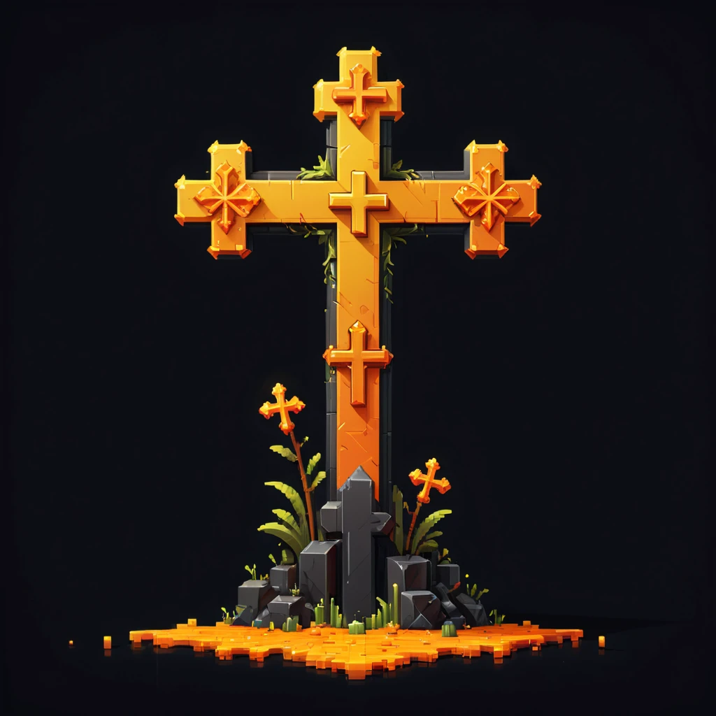 Pixel art, illustration de bande dessinée, croix, couleurs jaune et orange, fond noir simple, Icône de jeu 