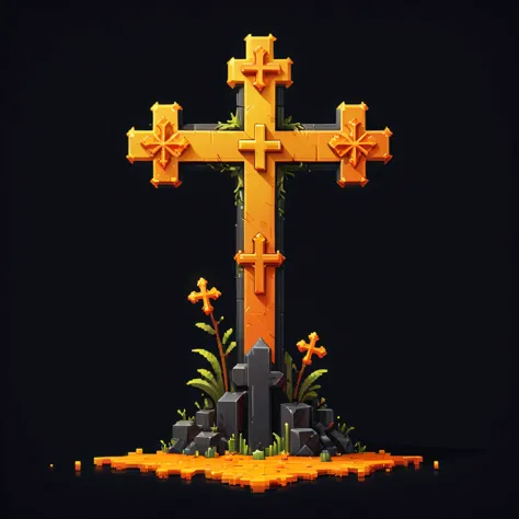 pixel art, cartoon illustration, cross, yellow and orange colors, simple black background, game icon 