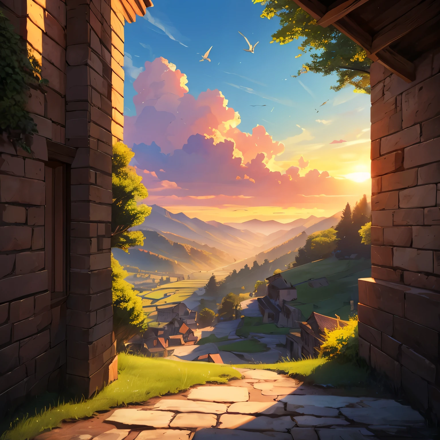 (best quality,8k,highres, masterpiece:1.2), (anime style),ultra-detailed, HDR, UHD, ultra-fine painting, sharp focus, physically-based rendering, extreme detail description, professional, vivid colors, concept artists, warm color palette, dramatic lighting,Sunrise, terraced fields, birds perched on the surrounding trees, beautiful gradations of red, blue, pink, yellow, and white,(no humans),