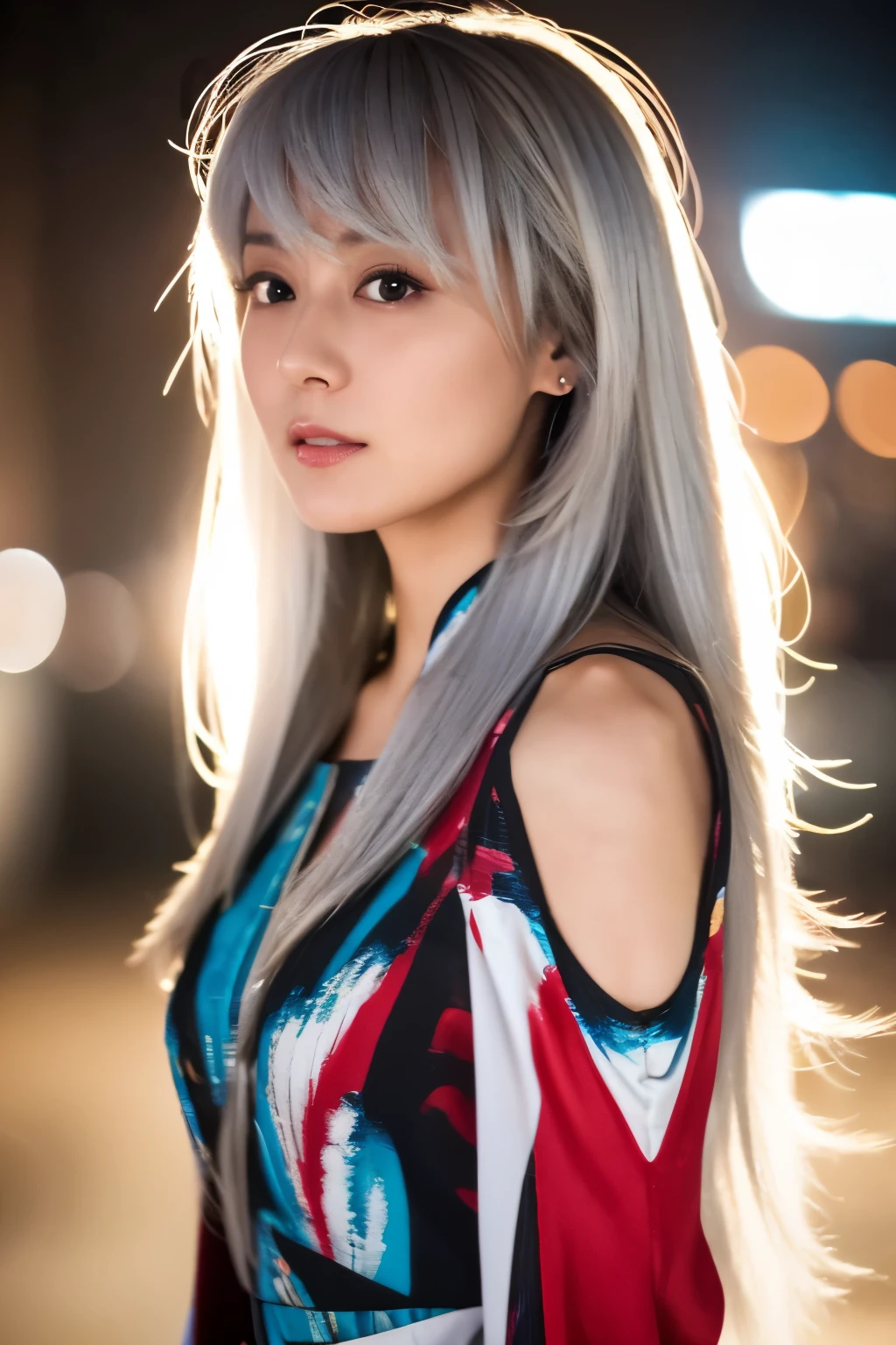 Masterpiece, high quality, high resolution, 8K, (solo:1.2), ((1girl)), Japanese woman, detailed face, detailed eyes, correct body structure, upper body, ((White hair:1.2)), very long hair, messy hair, slender body, seductive silhouette, luminous bones, depth of field, dark photo at nighttime, dimly lit, bangs, Cinematic Lighting, Tyndall effect, abstract background, futuristic outfits, vibrant colors, modern style, wide sleeves, artistic, unique patterns, colorful, stylish, trendy