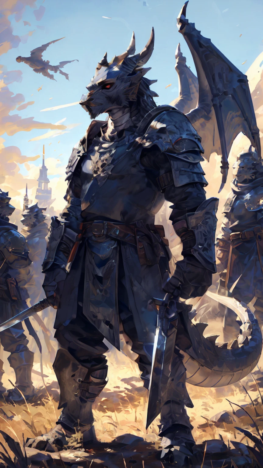 ((middle Ages:1.4，Battlefield Background:1.4))，(There are teammates behind:1.3)，((Crusu:1.3))，Sunlight，high resolution，4K，gay，(((whole body:1.1，Strike a pose)))，masterpiece，high quality，((dragon))，male，dragonFurry，(teenager:1.3)，hairy，((brave，Evil face:1.4))，((Kill your enemies bravely))，((Holding a long sword:1.2))，(((strong:1.4，Long legs:1.3，Thick dragon tail:1.2)))，(((Gray heads:1.2，Golden pupils:1.2，White Neck:1.3，Gray back of hands:1.4，White Skin:1.3)))，(((White Armor:1.3，There is a blue flag on the armor:1.4)))，Mature face，Exquisite eyes，Detailed body，Detailed hands，Detailed feet，Kenket&#39;s Art