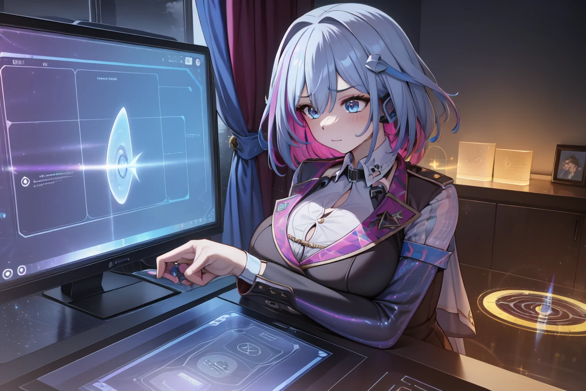 masterpiece, best quality, TopazV4:1.5, 1girl, looking at pc screen, solo, hair ornament, ((holographic interface:1.3)), indoors, spaceship, night, gigantic breasts