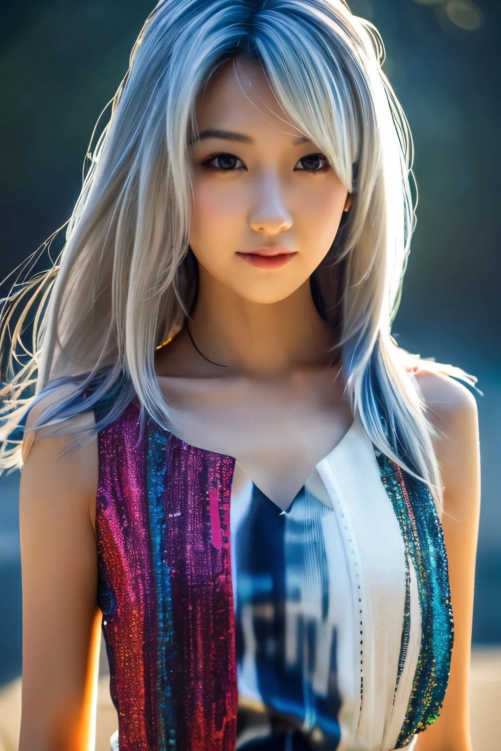 Masterpiece, high quality, high resolution, 8K, (solo:1.2), ((1girl)), Japanese woman, detailed face, detailed eyes, correct body structure, upper body, ((White hair:1.2)), very long hair, messy hair, slender body, seductive silhouette, luminous bones, depth of field, dark photo at nighttime, dimly lit, bangs, Cinematic Lighting, Tyndall effect, abstract background, futuristic outfits, vibrant colors, modern style, wide sleeves, artistic, unique patterns, colorful, stylish, trendy