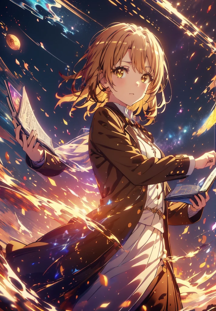 Irohaisshiki, isshiki iroha, Short Hair, Brown Hair, (Brown eyes:1.5), smile,((Night Sky)),((Big full moon)),((Sparkling and colorful stars)),Fluffy hair,((Idol style costume with soft volume)),Long skirt,Holding a magic book in his right hand,Uses magic with left hand,((witch)),Rubik&#39;s Square,
break outdoors, forest,forest
break looking at viewer,Upper Body,
break (masterpiece:1.2), Highest quality, High resolution, unity 8k wallpaper, (shape:0.8), (Narrow and beautiful eyes:1.6), Highly detailed face, Perfect lighting, Highly detailed CG, (Perfect hands, Perfect Anatomy),