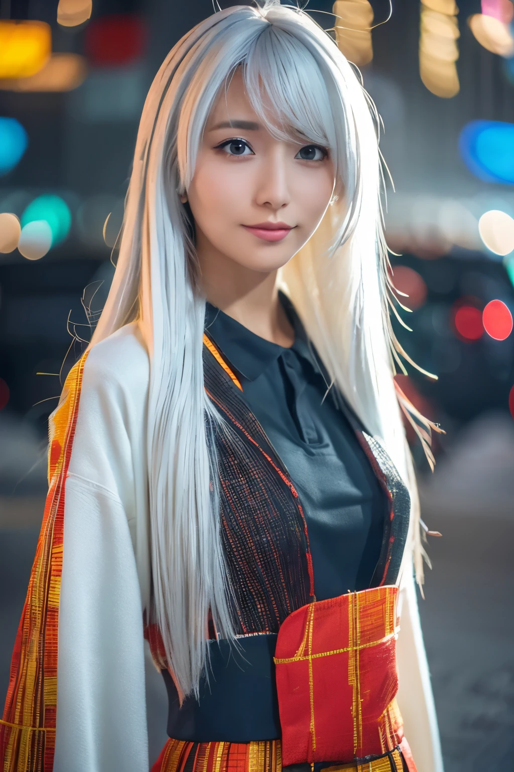 Masterpiece, high quality, high resolution, 8K, (solo:1.2), ((1girl)), Japanese woman, detailed face, detailed eyes, correct body structure, upper body, ((White hair:1.2)), very long hair, messy hair, slender body, seductive silhouette, luminous bones, depth of field, dark photo at nighttime, dimly lit, bangs, Cinematic Lighting, Tyndall effect, abstract background, futuristic outfits, vibrant colors, modern style, wide sleeves, artistic, unique patterns, colorful, stylish, trendy