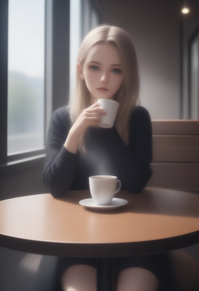 German woman sitting at a cafe table drinking coffee、Emma&#39;s Photo。Window sunlight, Blue Hair, Dynamic pose, Skin Texture, Pale skin, Shiny skin, (slim, small:1.2), [:(Sharp focus on the face, Detailed face, Perfect Eyes, View Viewer:1.2):0.2], Realistic, Film Grain, highest quality, masterpiece