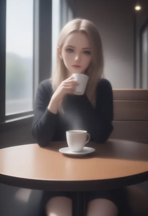 german woman sitting at a cafe table drinking coffee、emma&#39;s photo。window sunlight, blue hair, dynamic pose, skin texture, pa...